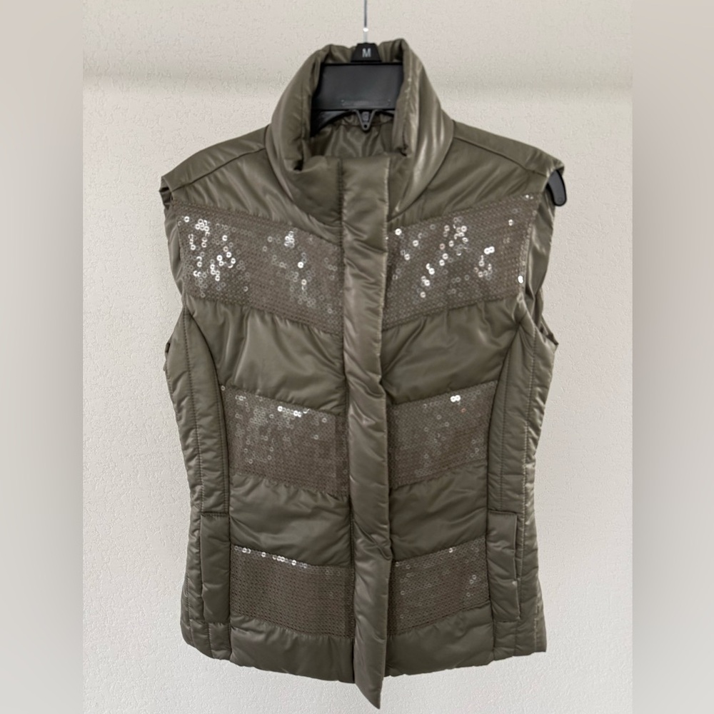 Olive Sequin Puffer Vest for Women
